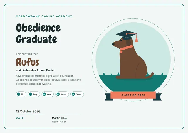 Teal Tassel Dog Obedience Graduation Certificate template, A4 landscape, in teal