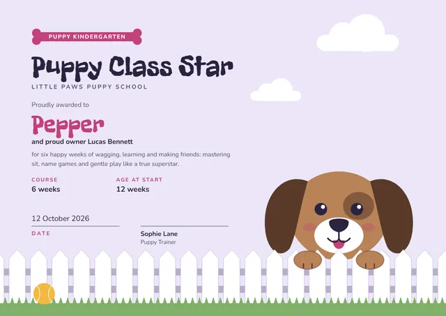 Copper Wave Puppy Class Certificate template, A4 landscape, in copper