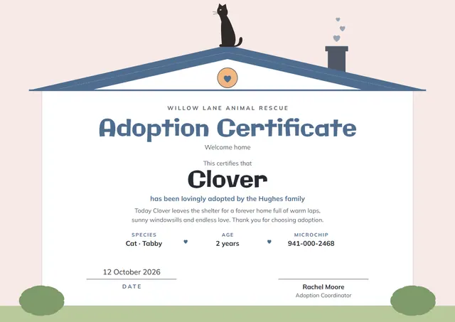 Steel Blue Heart Pet Adoption Certificate template, A4 landscape, in steel blue