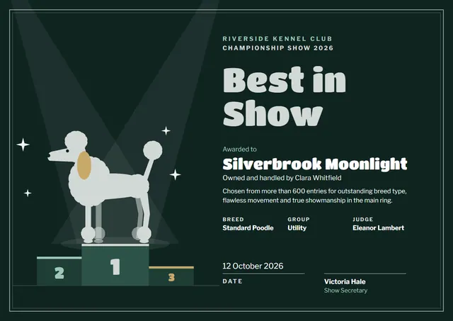 Forest Green Starry Best in Show Award template, A4 landscape, in forest green