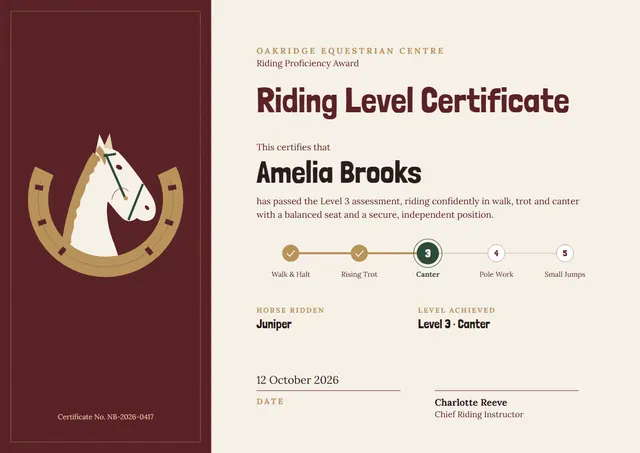 Burgundy Geometric Horse Riding Level Certificate template, A4 landscape, in burgundy