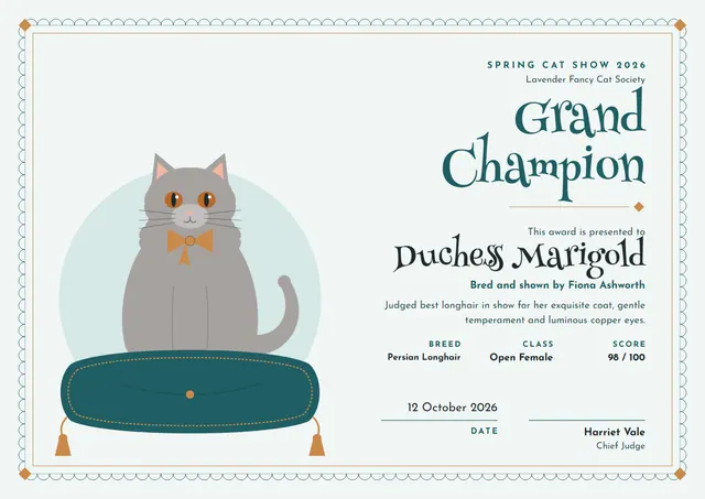 Teal Ribbon Cat Show Certificate template, A4 landscape, in teal