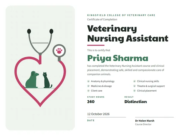 Jade Banded Veterinary Nurse Course Certificate template, A4 landscape, in jade