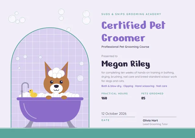 Lavender Confetti Pet Grooming Course Certificate template, A4 landscape, in lavender