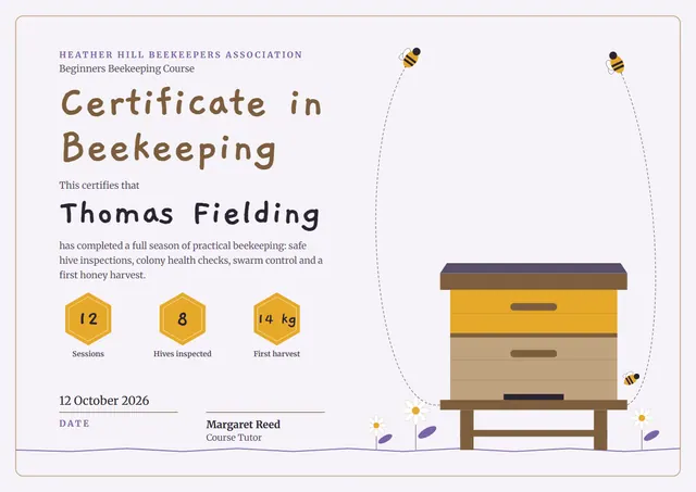 Bronze Wave Beekeeping Course Certificate template, A4 landscape, in bronze