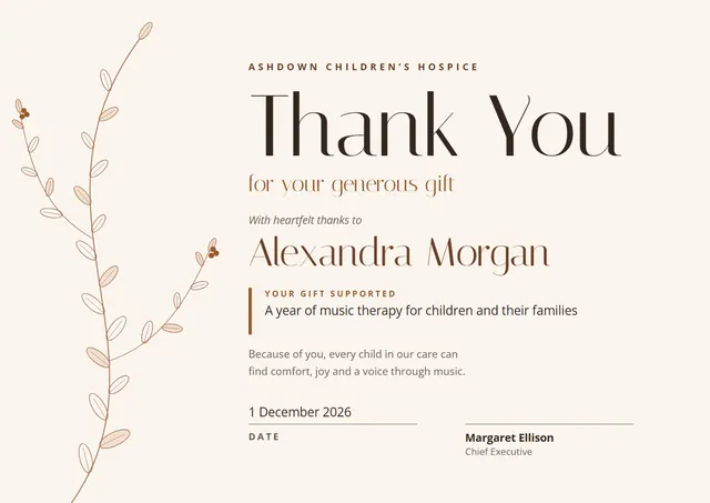Chocolate Leafy Donor Thank-You Certificate template, A4 landscape, in chocolate