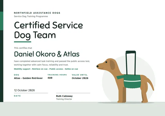 Gold Banded Service Dog Training Certificate template, A4 landscape, in gold