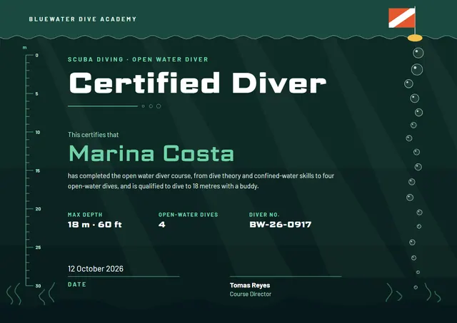Forest Green Wave Scuba Diving Certificate template, A4 landscape, in forest green