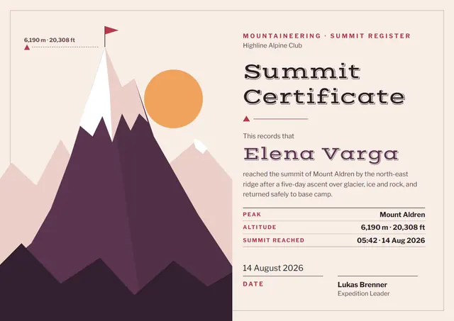 Plum Sunburst Summit Certificate template, A4 landscape, in plum