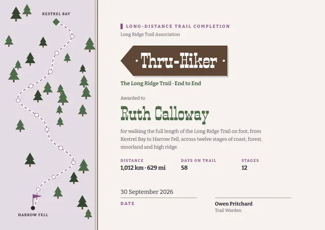 Olive Leafy Long-Distance Trail Certificate template, A4 landscape, in olive