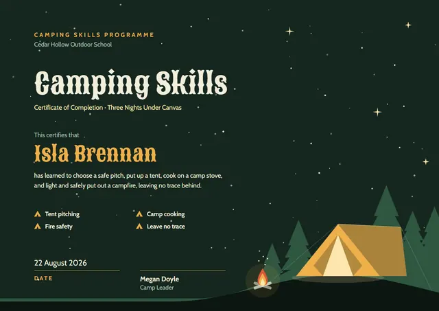 Forest Green Starry Camping Skills Certificate template, A4 landscape, in forest green