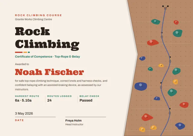 Gold Wave Rock Climbing Certificate template, A4 landscape, in gold