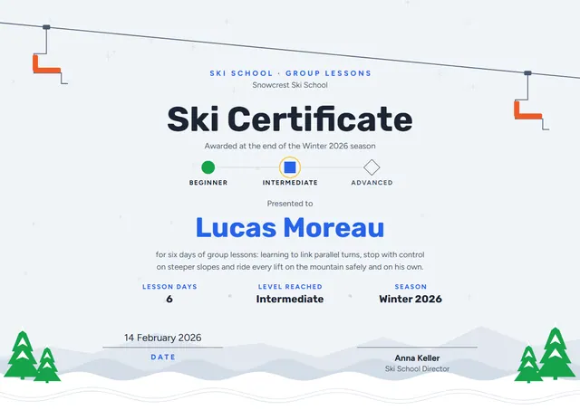 Royal Blue Wave Ski School Certificate template, A4 landscape, in royal blue