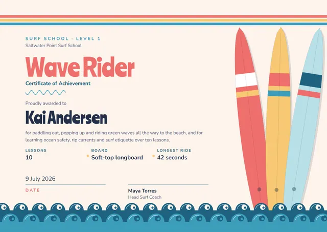 Ocean Blue Wave Surf School Certificate template, A4 landscape, in ocean blue