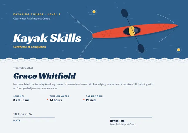 Ocean Blue Wave Kayaking Course Certificate template, A4 landscape, in ocean blue