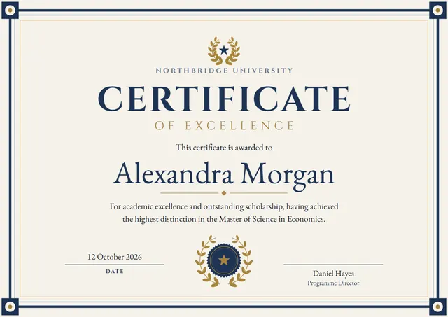 Navy Laurel Certificate of Excellence template, A4 landscape, in navy