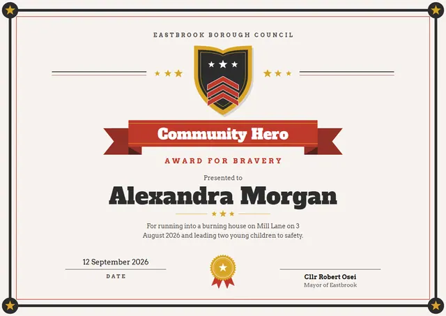 Terracotta Medal Bravery Award template, A4 landscape, in terracotta