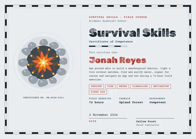 Midnight Heart Survival Skills Certificate template, A4 landscape, in midnight blue