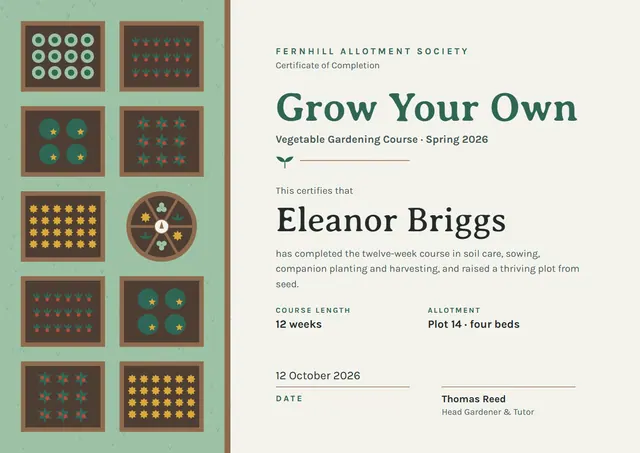 Mint Sunburst Gardening Course Certificate template, A4 landscape, in mint