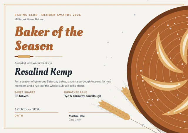 Copper Double-Border Baking Club Certificate template, A4 landscape, in copper
