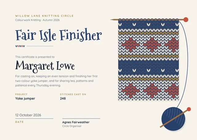 Navy Modern Knitting Circle Certificate template, A4 landscape, in navy