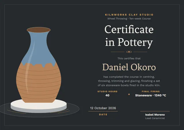 Copper Gear Pottery Course Certificate template, A4 landscape, in copper