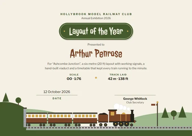 Olive Crown Model Railway Club Certificate template, A4 landscape, in olive