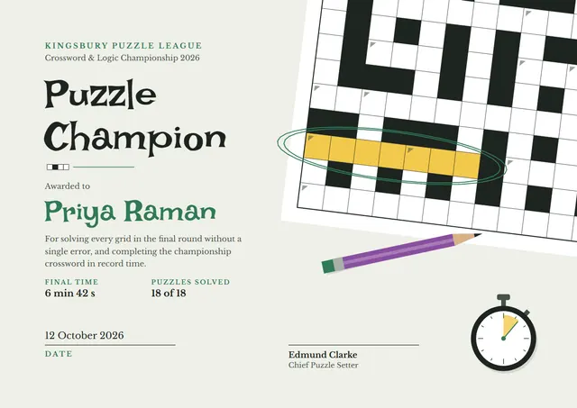 Emerald Crown Puzzle Champion Award template, A4 landscape, in emerald
