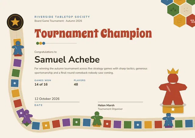 Gold Crown Board Game Tournament Certificate template, A4 landscape, in gold