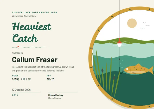 Gold Sunburst Fishing Tournament Certificate template, A4 landscape, in gold