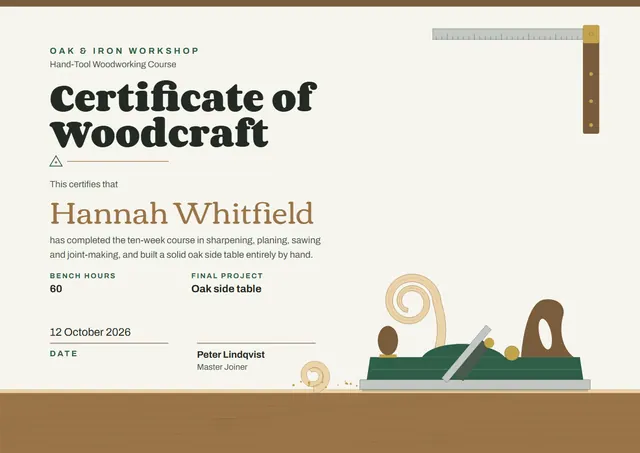 Bronze Woodgrain Woodworking Course Certificate template, A4 landscape, in bronze
