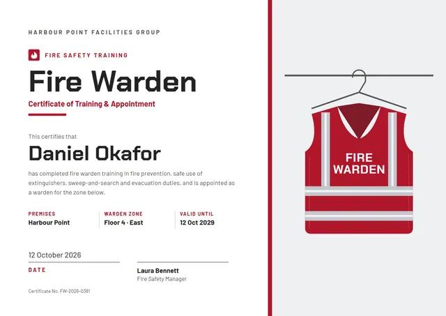 Crimson Flame Fire Warden Certificate template, A4 landscape, in crimson