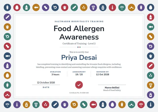 Ocean Blue Modern Food Allergen Awareness Certificate template, A4 landscape, in ocean blue