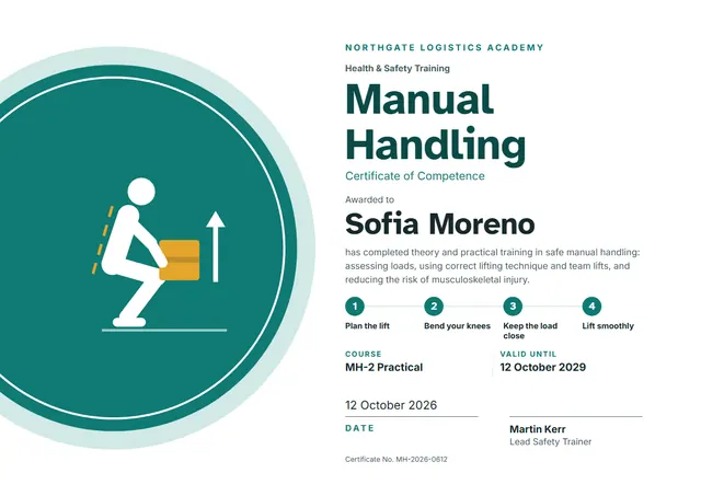 Teal Modern Manual Handling Certificate template, A4 landscape, in teal