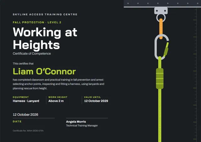Lime Bordered Working at Heights Certificate template, A4 landscape, in lime