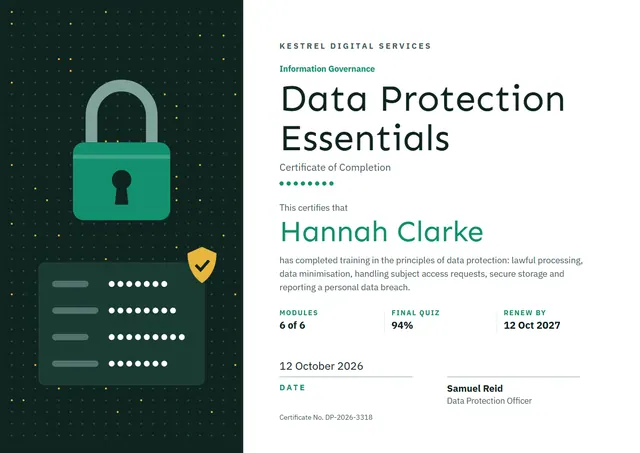 Forest Green Badge Data Protection Certificate template, A4 landscape, in forest green