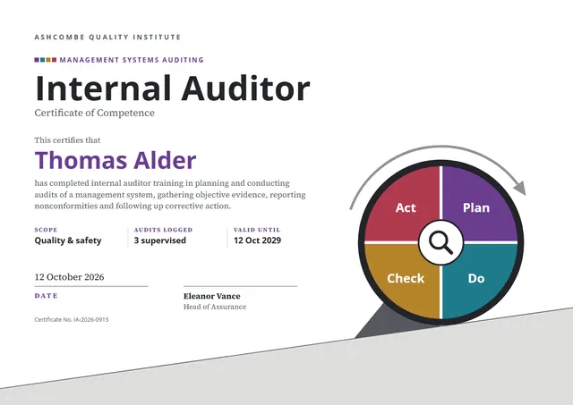 Slate Gear Internal Auditor Certificate template, A4 landscape, in slate grey