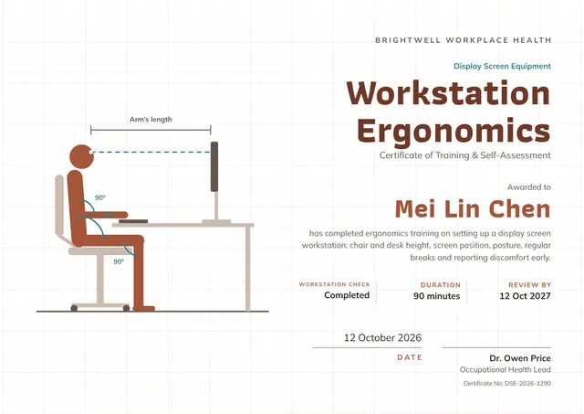 Chocolate Wave Workstation Ergonomics Certificate template, A4 landscape, in chocolate