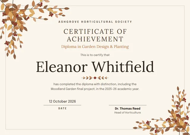 Copper Leafy Certificate of Achievement template, A4 landscape, in copper