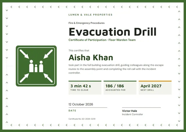 Olive Geometric Emergency Evacuation Drill Certificate template, A4 landscape, in olive