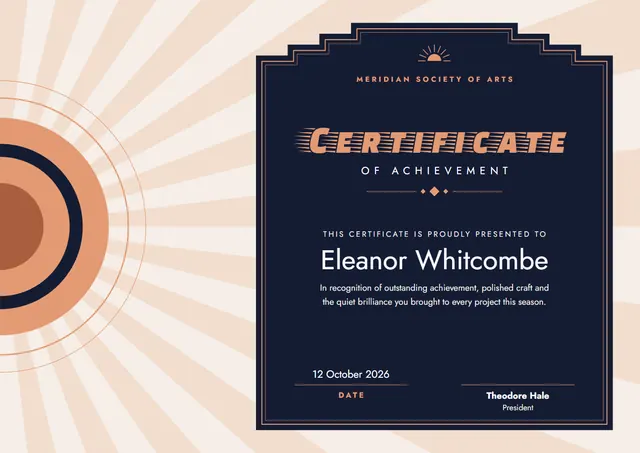 Coral Sunburst Certificate of Achievement template, A4 landscape, in coral