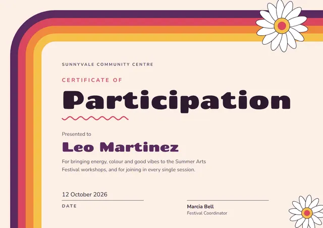 Plum Wave Certificate of Participation template, A4 landscape, in plum