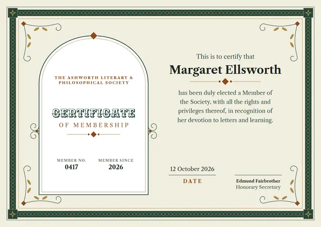 Forest Green Rosette Certificate of Membership template, A4 landscape, in forest green