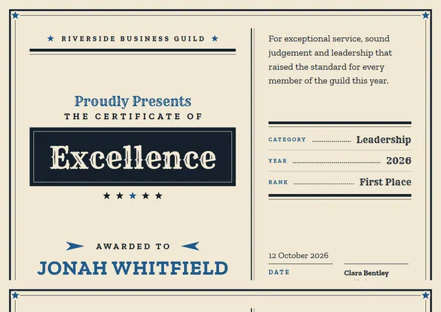 Midnight Starry Certificate of Excellence template, A4 landscape, in midnight blue