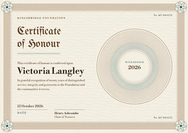 Gold Rosette Certificate of Honour template, A4 landscape, in gold