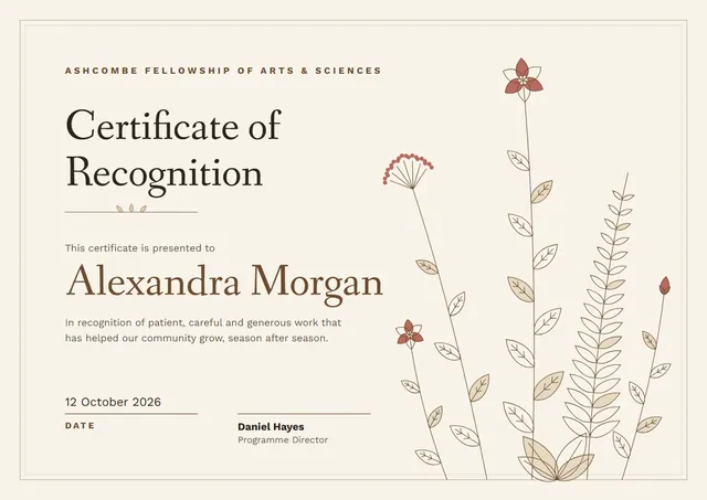 Chocolate Floral Certificate of Recognition template, A4 landscape, in chocolate