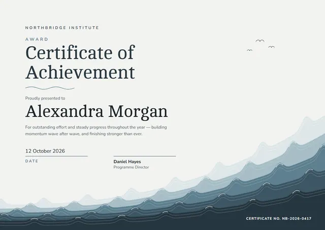 Silver Wave Certificate of Achievement template, A4 landscape, in silver