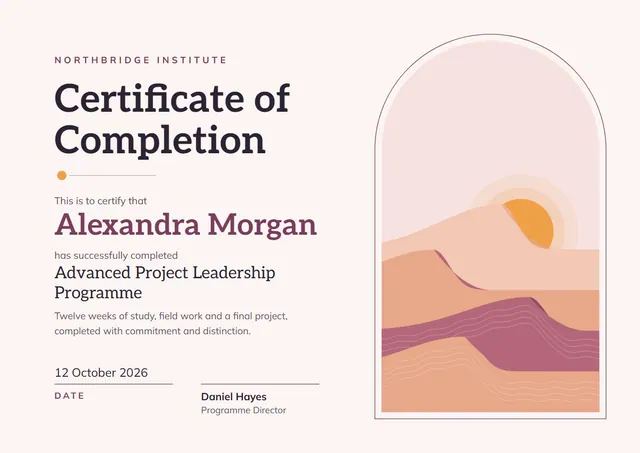 Coral Sunburst Certificate of Completion template, A4 landscape, in coral