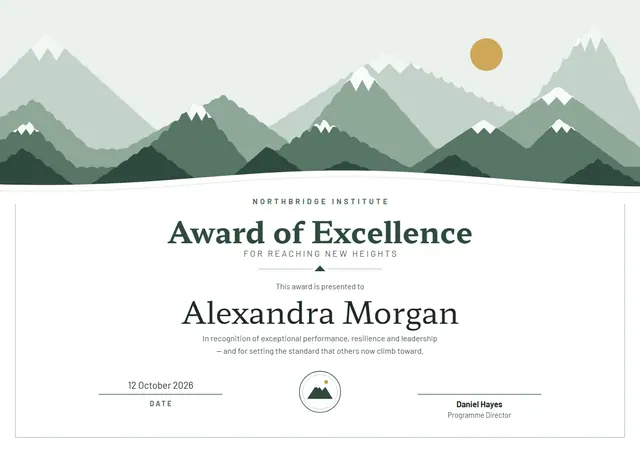 Mint Sunburst Certificate of Excellence template, A4 landscape, in mint