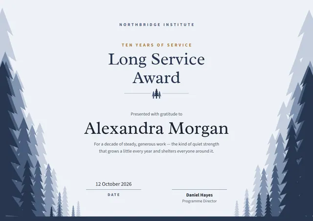 Silver Botanical Long Service Award template, A4 landscape, in silver